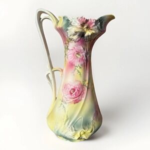 Early 1900s Antique RS Prussia Tankard Hand Painted Roses Hydrangeas Pitcher